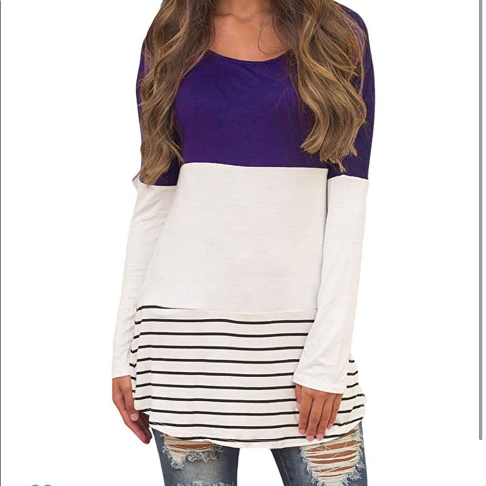 LS Color block striped Tunic lace back